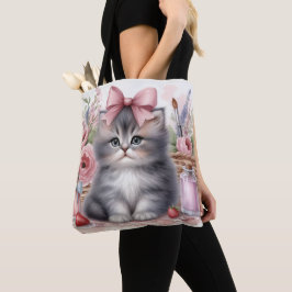 FLUFFY KITTEN MED BLOMMOR OCH ROSA BOT TYGKASSE