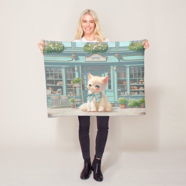 Fluffy Kitten med Blue Bow på bakverk Fleecefilt (På plats)