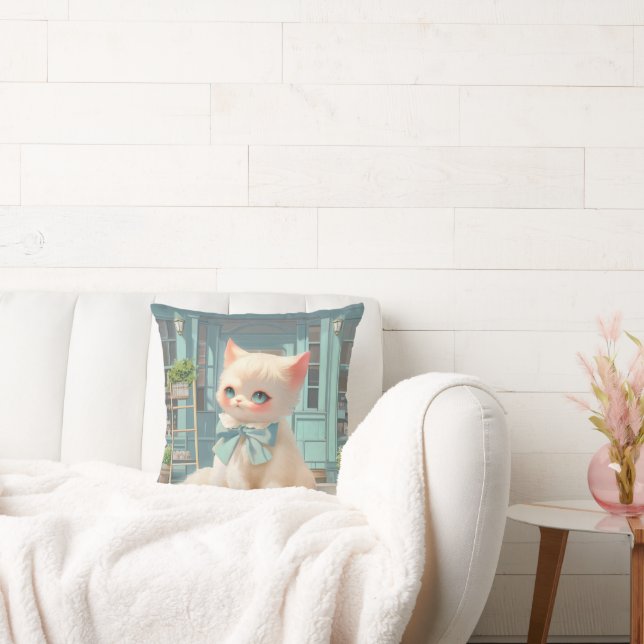 Fluffy Kitten med Blue Bow på bakverk Kudde (Soffa)