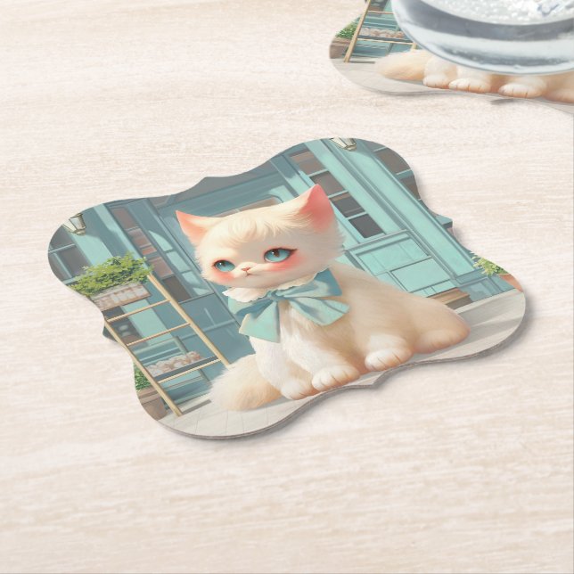 Fluffy Kitten med Blue Bow på bakverk Underlägg Papper (Vinklad)