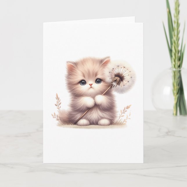 Fluffy Kitten med Dandelion - Cute Blank Hälsning Kort (Framsida)