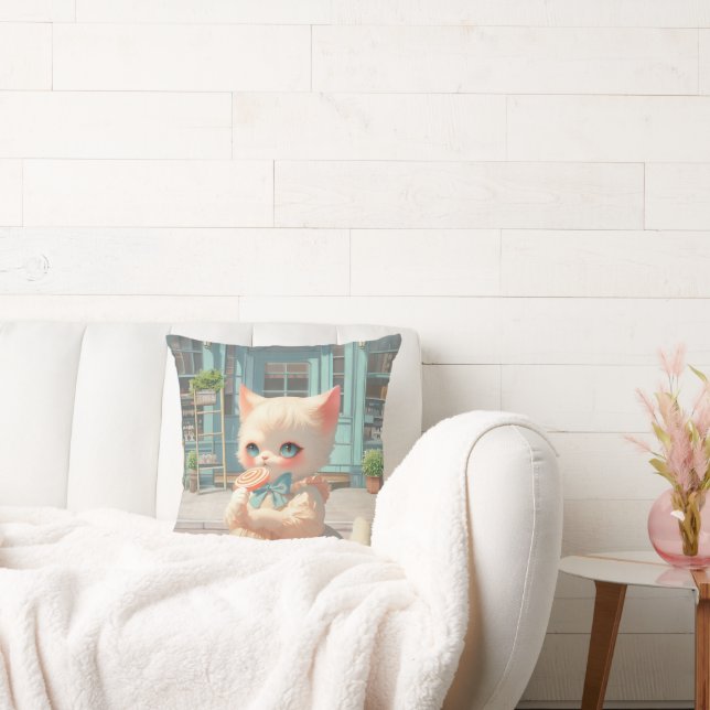 Fluffy Kitten med Lollipop på bakverk Kudde (Soffa)