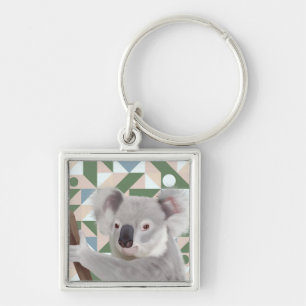 Fluffy Koala Grönt Geometric Background Fyrkantig Silverfärgad Nyckelring