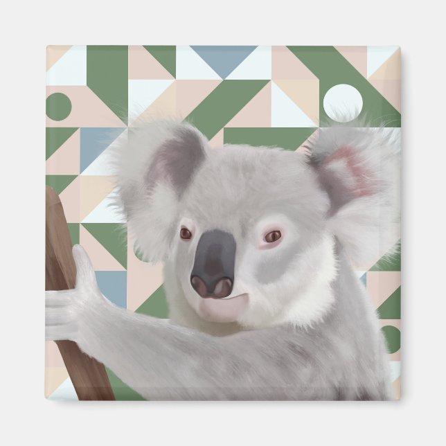 Fluffy Koala Grönt Geometric Background Magnet (Framsidan)