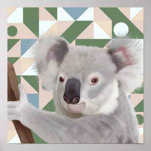 Fluffy Koala Grönt Geometric Background Poster