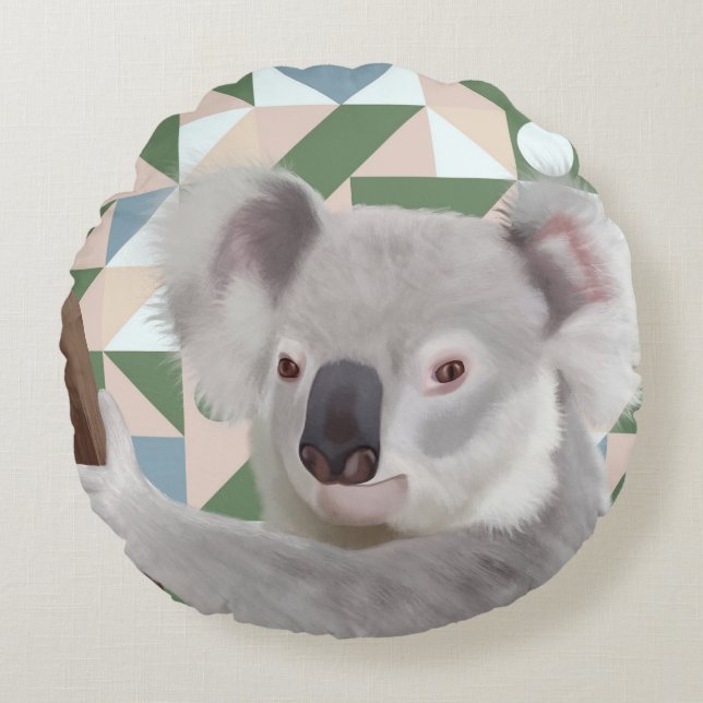 Fluffy Koala Grönt Geometric Background Rund Kudde (Framsidan)