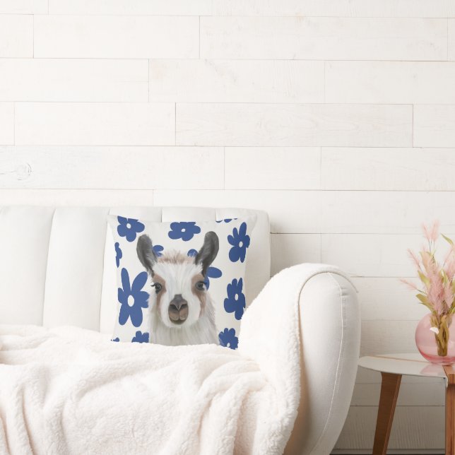 Fluffy Llama Blue Retro Flowers Kudde (Soffa)