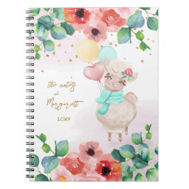 Fluffy Llama Illustration Flowers Girl Daily Diary Anteckningsbok
