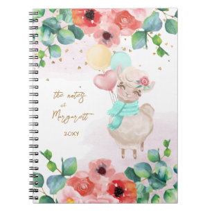 Fluffy Llama Illustration Flowers Girl Daily Diary Anteckningsbok