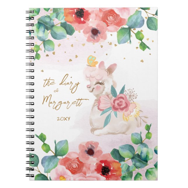Fluffy Llama Illustration Flowers Girl Daily Diary Anteckningsbok (Framsidan)