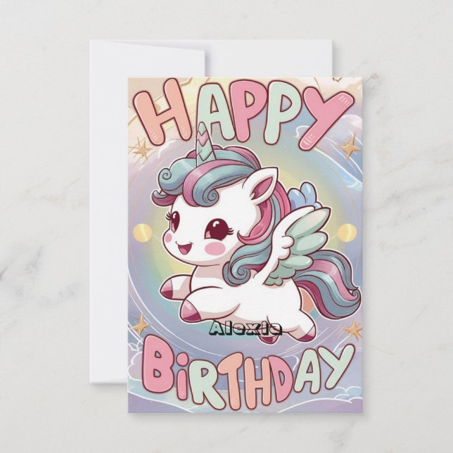 Fluffy Lycklig Unicorn Birthday Kort (Framsida)