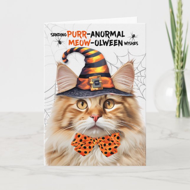 Fluffy Orange Tabby katt PURRanormal MEOWolween Helgkort (Framsida)