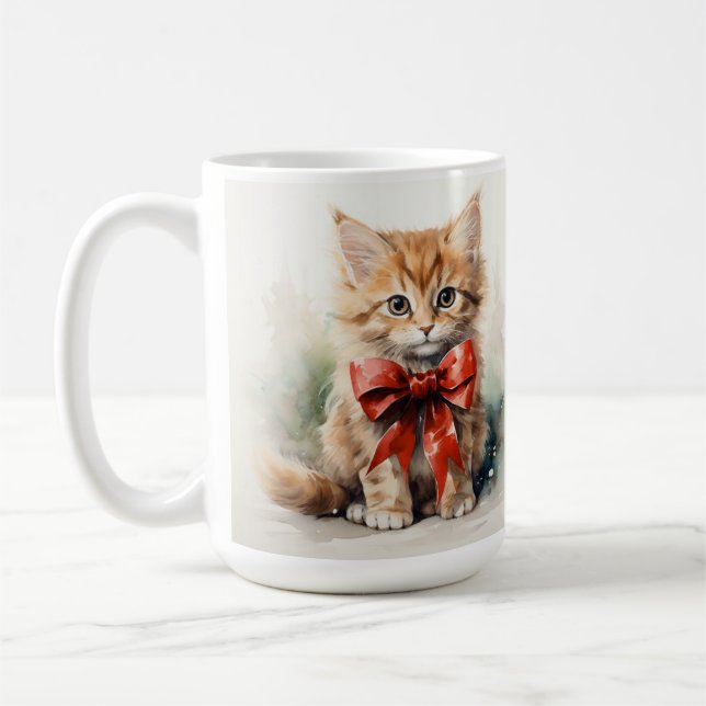 FLUFFY ORANGE TABBY KITTEN MED RED BOW KAFFEMUGG (Vänster)