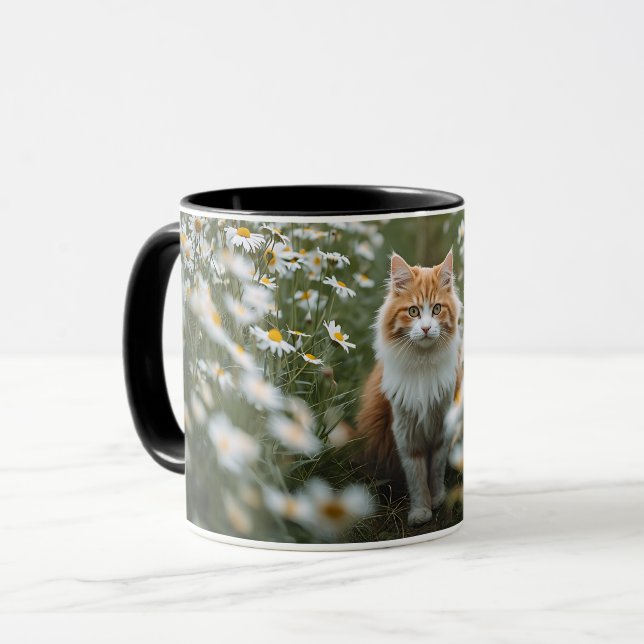 Fluffy Orange & White Cat in Daisy Field Coffee Mu Mugg (Framsida vänster)
