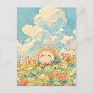 Fluffy Peach Cloud Kawaii Hedgehog Meadow Vykort