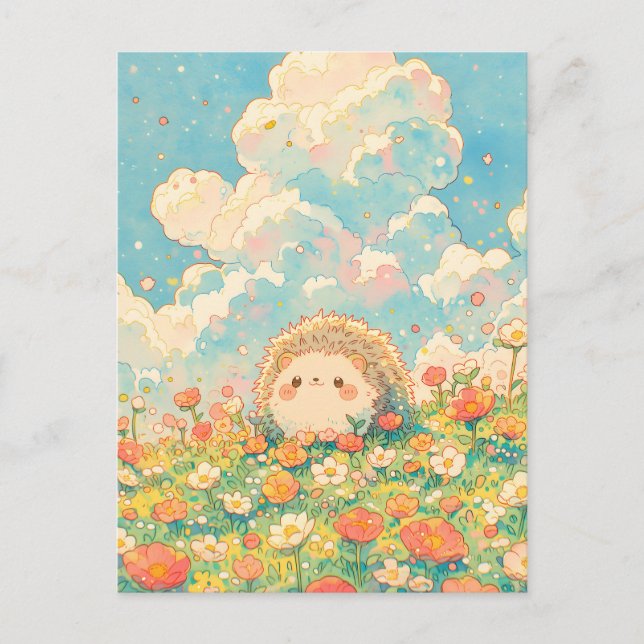 Fluffy Peach Cloud Kawaii Hedgehog Meadow Vykort (Framsida)