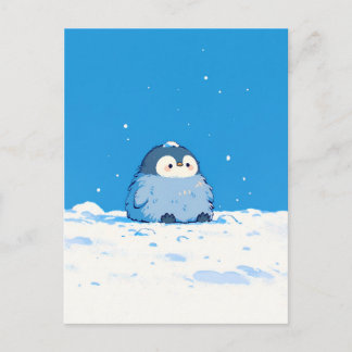 Fluffy Penguin Chick in Snowy Winter Landscape Vykort