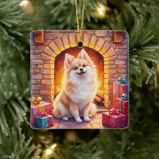 Fluffy Pomeranian Cozy Christmas Fireplace Dog Art Julgransprydnad Keramik (Träd)