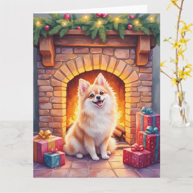 Fluffy Pomeranian Cozy Christmas Fireplace Dog Art Kort (Gul blomma)