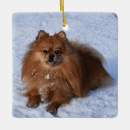 Fluffy Pommern-Hund i snö Julgransprydnad Keramik