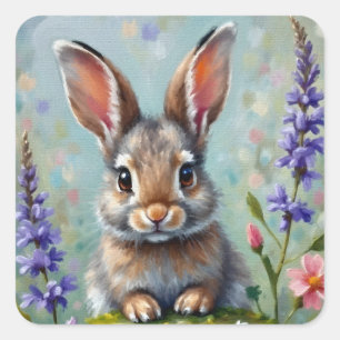 Fluffy Rabbit i Fält i Flowers Fyrkantigt Klistermärke