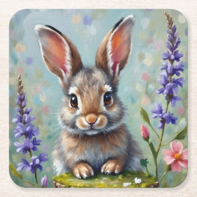 Fluffy Rabbit i Fält i Flowers Underlägg Papper Kvadrat (Framsidan)