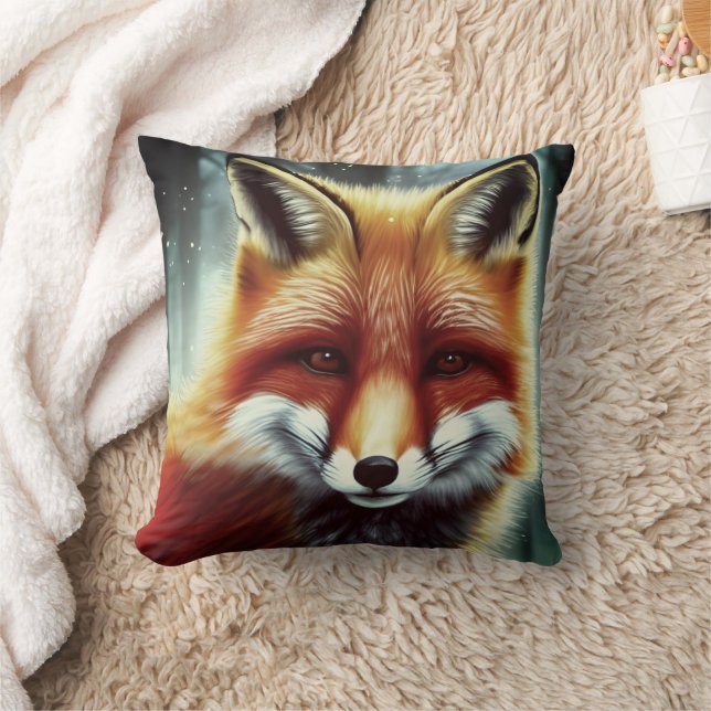 Fluffy Red Fox Porträtt Kudde (Filt)