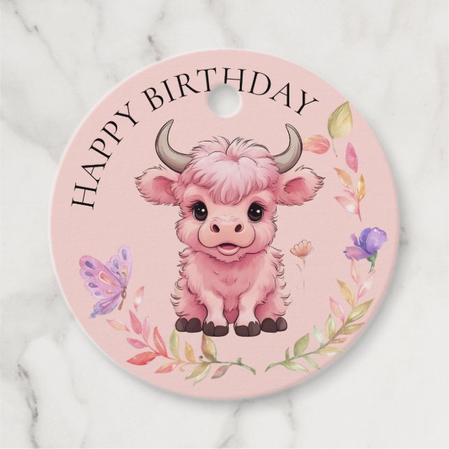 Fluffy Rosa Highlands Scottish Cow Gåvor Etiketter (Framsida)