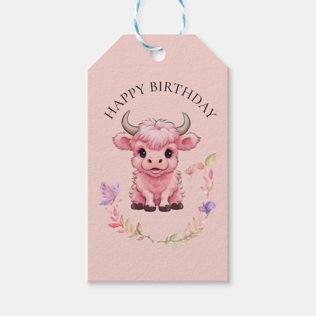 Fluffy Rosa Highlands Scottish Cow Presentetikett (Framsidan)