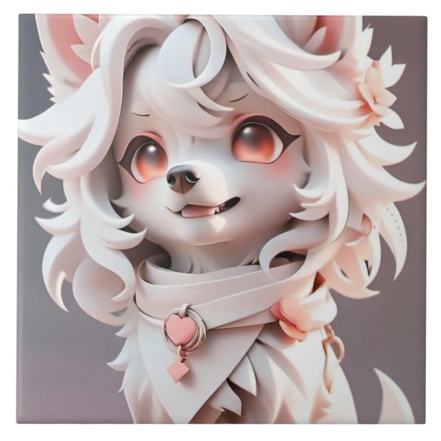 Fluffy Rosa och vit valp Kakelplatta (Framsidan)