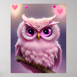 Fluffy Rosa Uggla med hjärter Poster