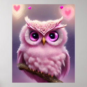 Fluffy Rosa Uggla med hjärter Poster