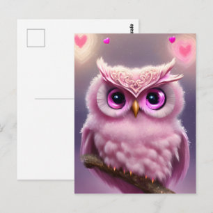 Fluffy Rosa Uggla med hjärter Vykort