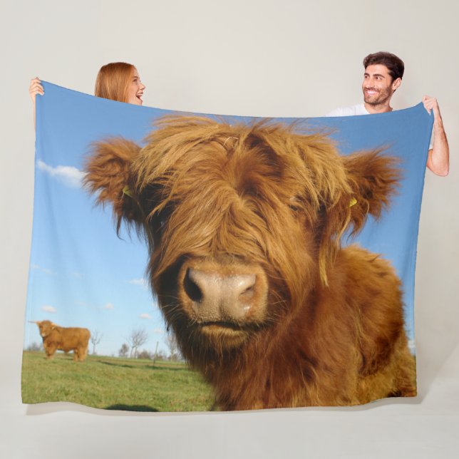 Fluffy Scottish Highland Cow - Blå himmel Fleecefilt (På plats)
