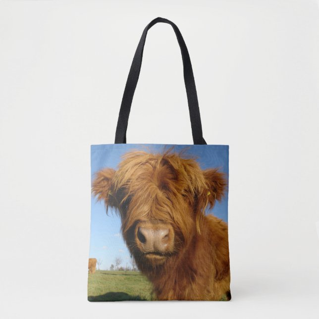 Fluffy Scottish Highland Cow - Blå himmel Tygkasse (Framsida)
