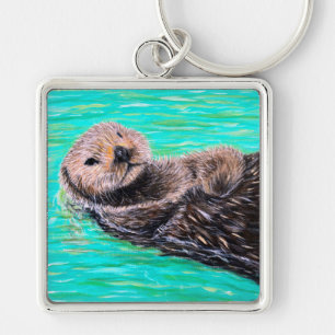Fluffy Sea Otter-målning Fyrkantig Silverfärgad Nyckelring