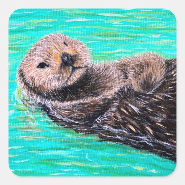 Fluffy Sea Otter-målning Fyrkantigt Klistermärke (Framsida)