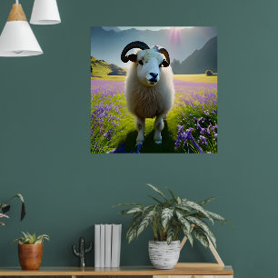 Fluffy Sheep fält i lila blommor Poster