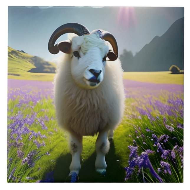 Fluffy Sheep field of purple flowers  Kakelplatta (Framsidan)