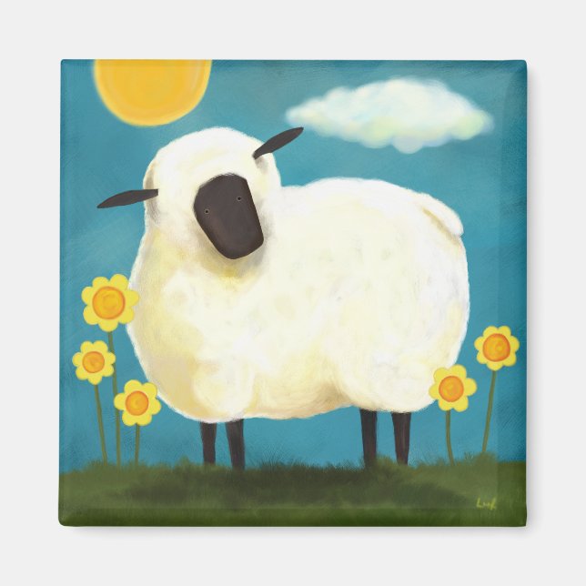 Fluffy Sheep & Gula blommor Art Magnet (Framsidan)