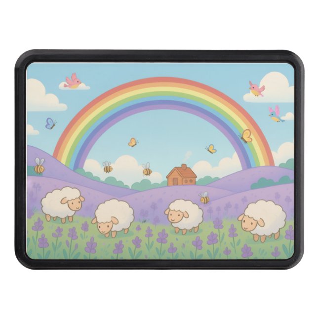 Fluffy Sheep Lavender Field Rainbow Art Dragkroksskydd (Framsidan)