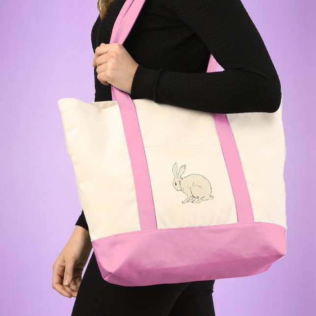 Fluffy Sitta White Bunny Rabbit Illustration Tygkasse (Minimalist fluffy white bunny rabbit sitting position on tote bag.)