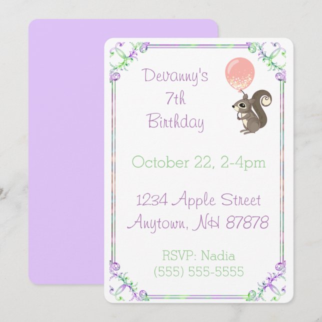 Fluffy Squirrel med Rosa Balloon Birthday Inbjudningar (Fram/baksida)