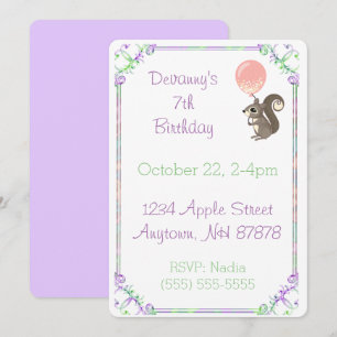 Fluffy Squirrel med Rosa Balloon Birthday Inbjudningar