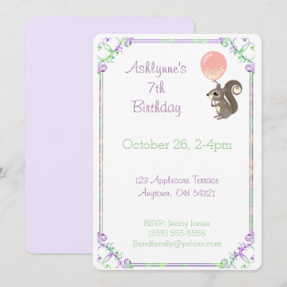 Fluffy Squirrel with Pink Balloon Birthday Custom Inbjudningar