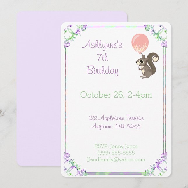 Fluffy Squirrel with Pink Balloon Birthday Custom Inbjudningar (Fram/baksida)