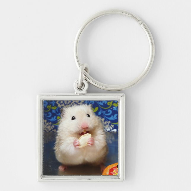 Fluffy Syrian Hamster Kokolinka Fyrkantig Silverfärgad Nyckelring (Framsidan)