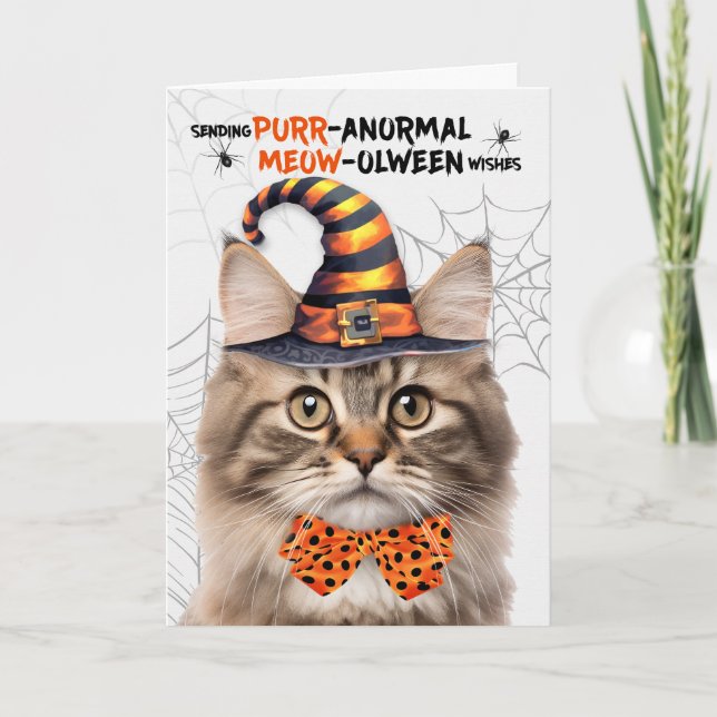 Fluffy Tabby Halloween Cat PURRanormal MEOWolween Helgkort (Framsida)