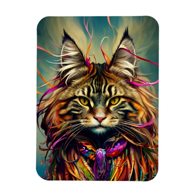 Fluffy Tiger Maine Coon i Rosett band Magnet (Vertikal)