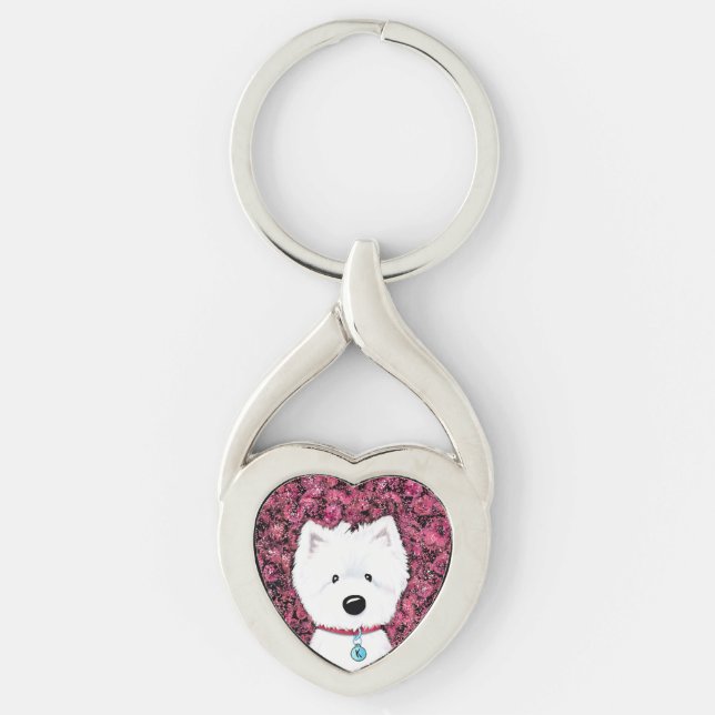 Fluffy Westie Blommigt Impression Twisted Heart Silverfärgad Nyckelring (Framsidan)